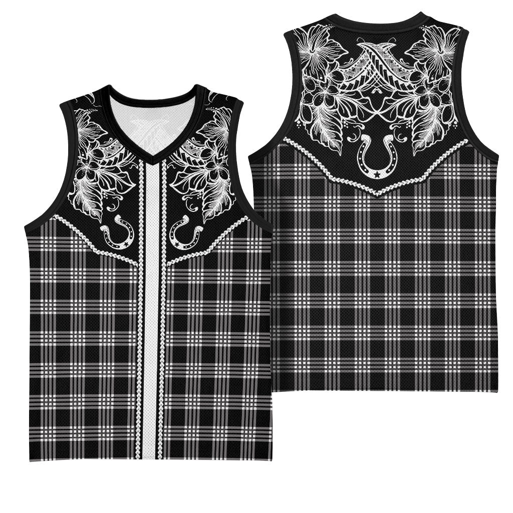 Hawai'i Paniolo Motif Black Basketball Jersey Floral Palaka Print LT7 - Polynesian Pride