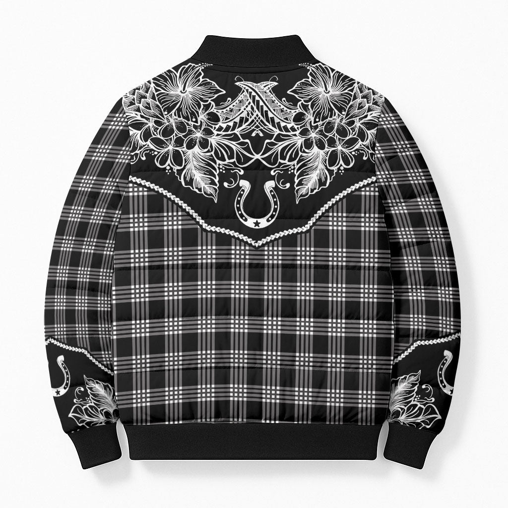 Hawai'i Paniolo Motif Black Bomber Puffer Jacket Floral Palaka Print LT7 - Polynesian Pride
