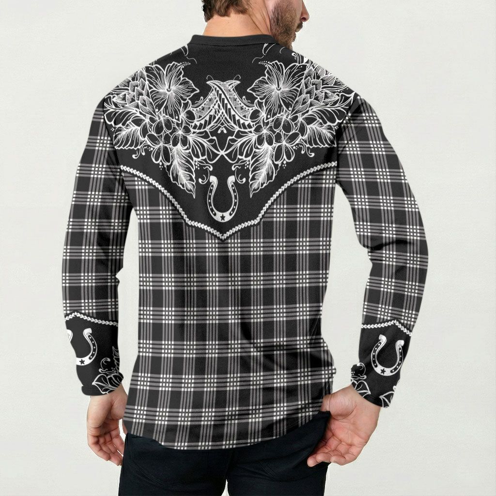 Hawai'i Paniolo Motif Black Button Sweatshirt Floral Palaka Print LT7 - Polynesian Pride