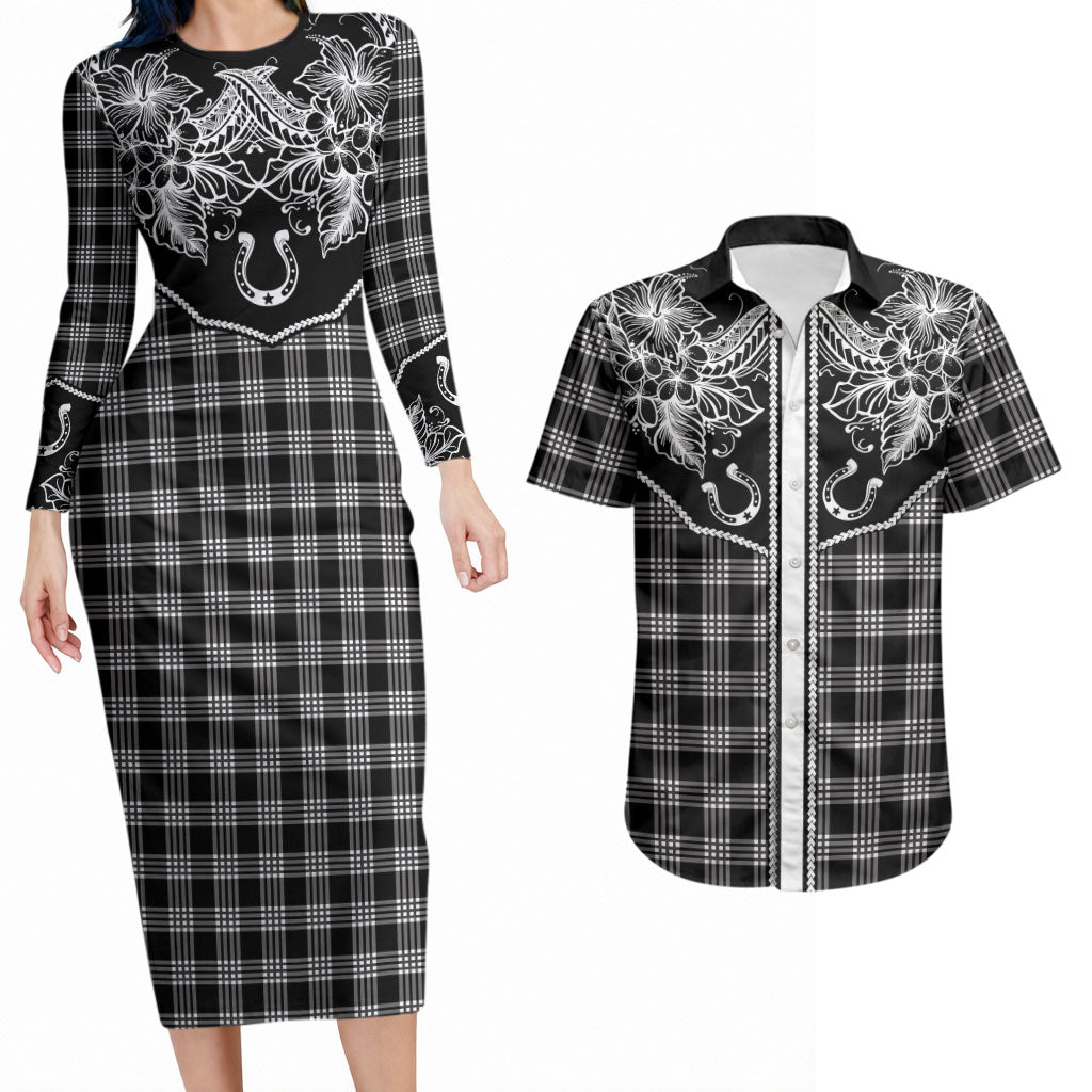 Hawai'i Paniolo Motif Black Couples Matching Long Sleeve Bodycon Dress and Hawaiian Shirt Floral Palaka Print LT7 Black - Polynesian Pride