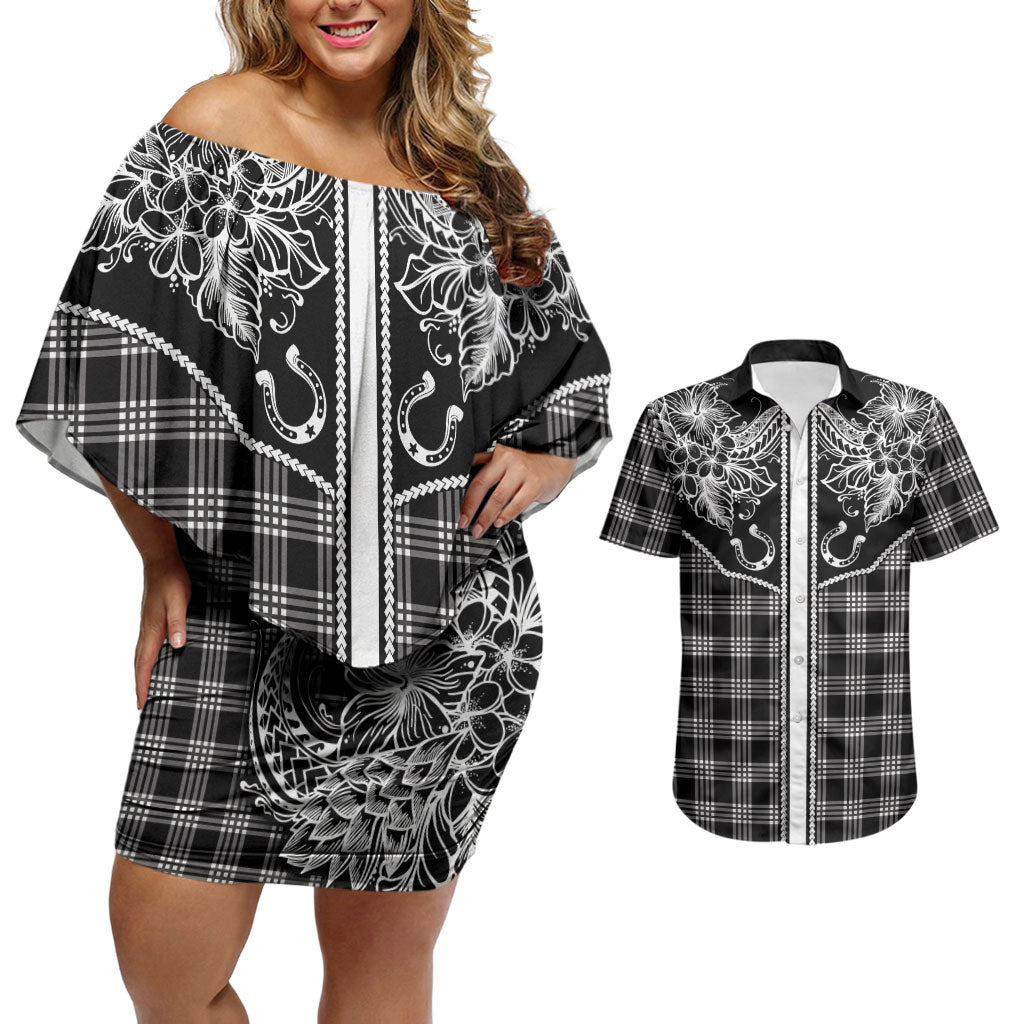 Hawai'i Paniolo Motif Black Couples Matching Off Shoulder Short Dress and Hawaiian Shirt Floral Palaka Print LT7 Black - Polynesian Pride