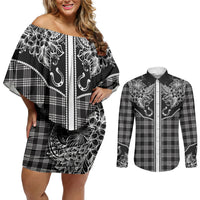 Hawai'i Paniolo Motif Black Couples Matching Off Shoulder Short Dress and Long Sleeve Button Shirt Floral Palaka Print LT7 Black - Polynesian Pride