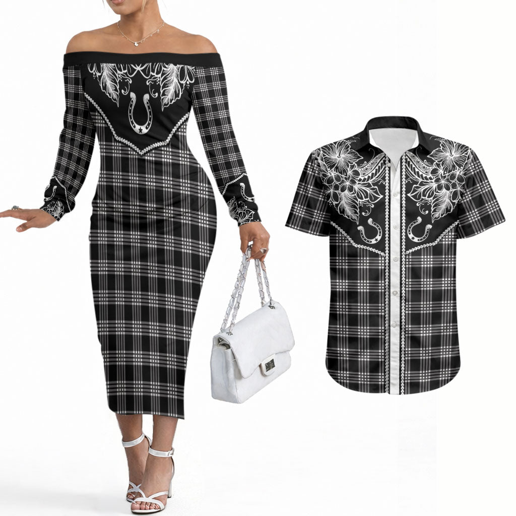 Hawai'i Paniolo Motif Black Couples Matching Off The Shoulder Long Sleeve Dress and Hawaiian Shirt Floral Palaka Print LT7 Black - Polynesian Pride