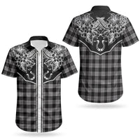 Hawai'i Paniolo Motif Black Couples Matching Off The Shoulder Long Sleeve Dress and Hawaiian Shirt Floral Palaka Print LT7 - Polynesian Pride