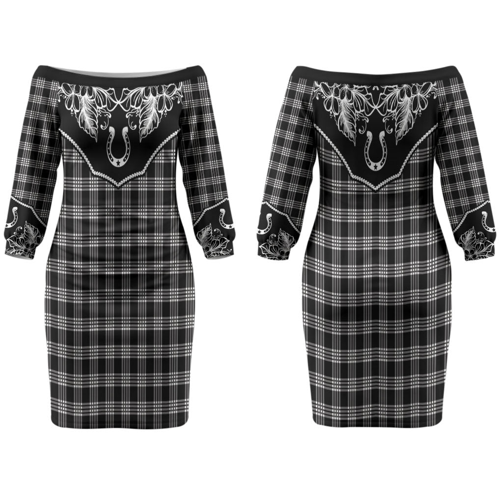 Hawai'i Paniolo Motif Black Couples Matching Off The Shoulder Long Sleeve Dress and Hawaiian Shirt Floral Palaka Print LT7 - Polynesian Pride