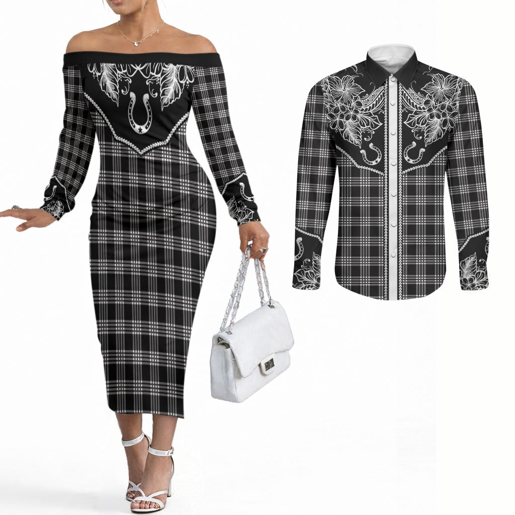 Hawai'i Paniolo Motif Black Couples Matching Off The Shoulder Long Sleeve Dress and Long Sleeve Button Shirt Floral Palaka Print LT7 Black - Polynesian Pride