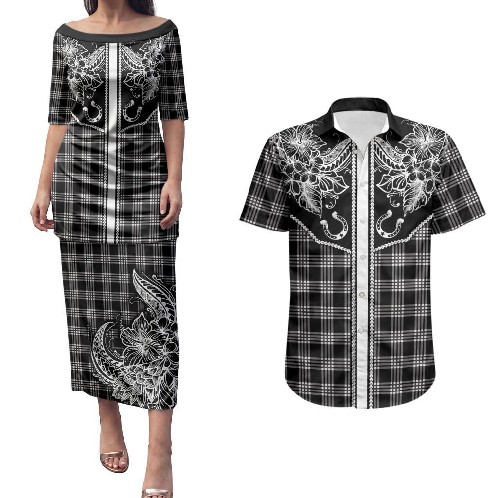 Hawai'i Paniolo Motif Black Couples Matching Puletasi and Hawaiian Shirt Floral Palaka Print LT7 Black - Polynesian Pride