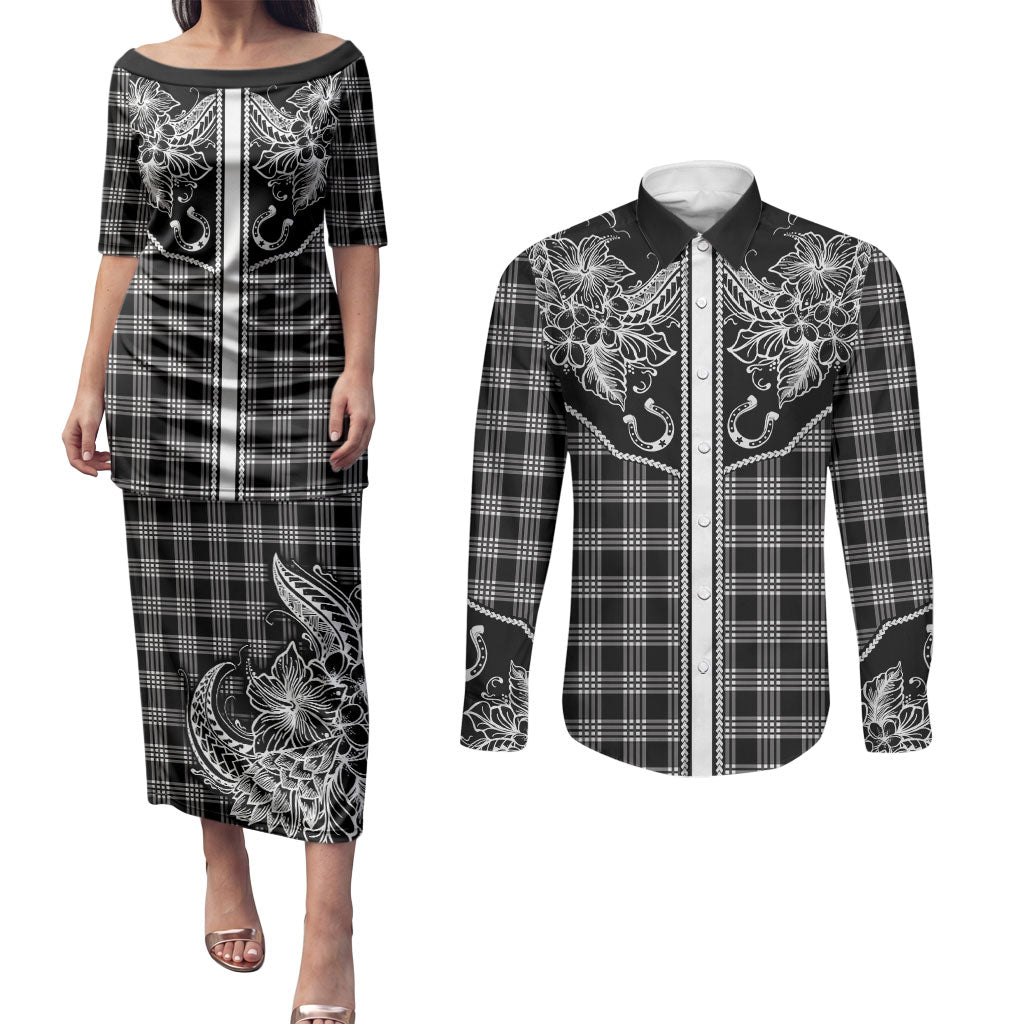 Hawai'i Paniolo Motif Black Couples Matching Puletasi and Long Sleeve Button Shirt Floral Palaka Print LT7 Black - Polynesian Pride