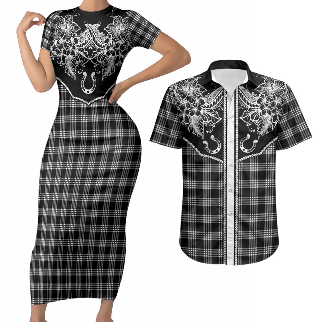 Hawai'i Paniolo Motif Black Couples Matching Short Sleeve Bodycon Dress and Hawaiian Shirt Floral Palaka Print LT7 Black - Polynesian Pride