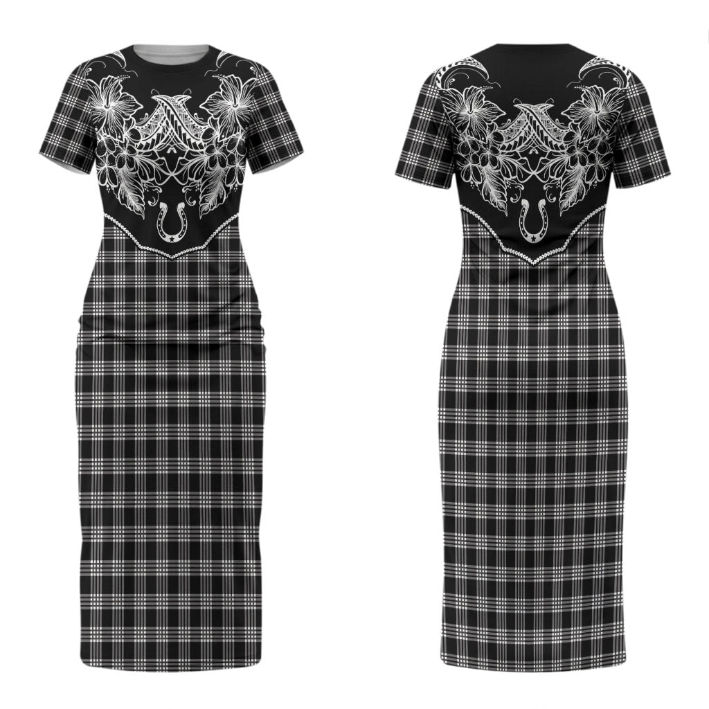 Hawai'i Paniolo Motif Black Couples Matching Short Sleeve Bodycon Dress and Hawaiian Shirt Floral Palaka Print LT7 - Polynesian Pride