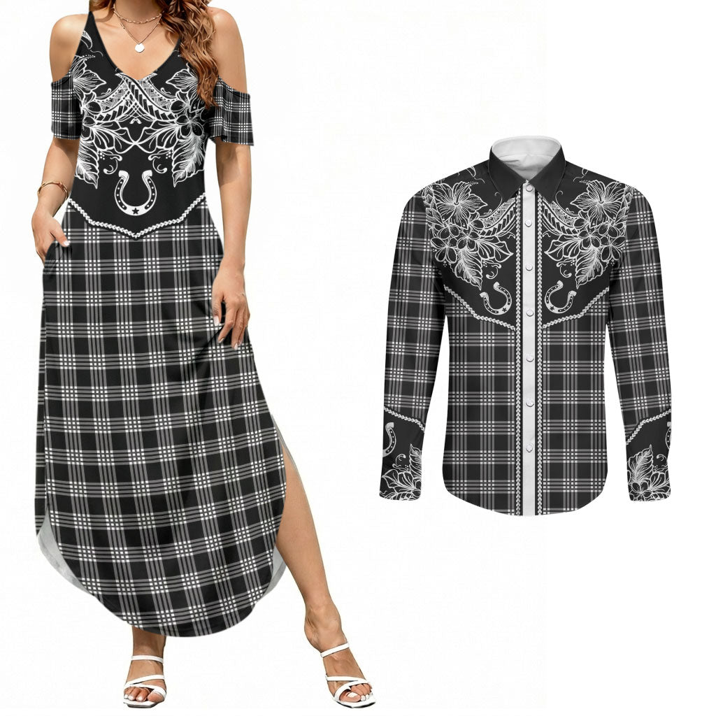 Hawai'i Paniolo Motif Black Couples Matching Summer Maxi Dress and Long Sleeve Button Shirt Floral Palaka Print LT7 Black - Polynesian Pride