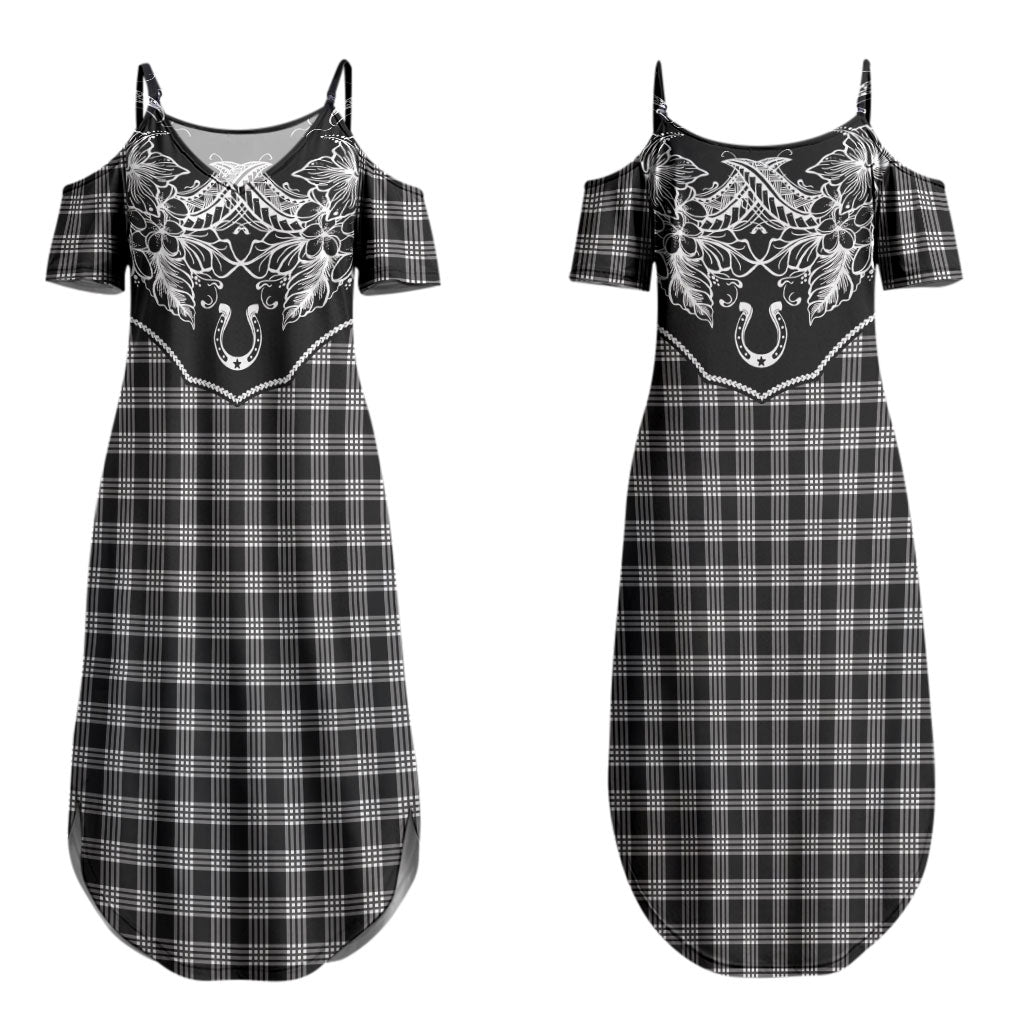 Hawai'i Paniolo Motif Black Couples Matching Summer Maxi Dress and Long Sleeve Button Shirt Floral Palaka Print LT7 - Polynesian Pride