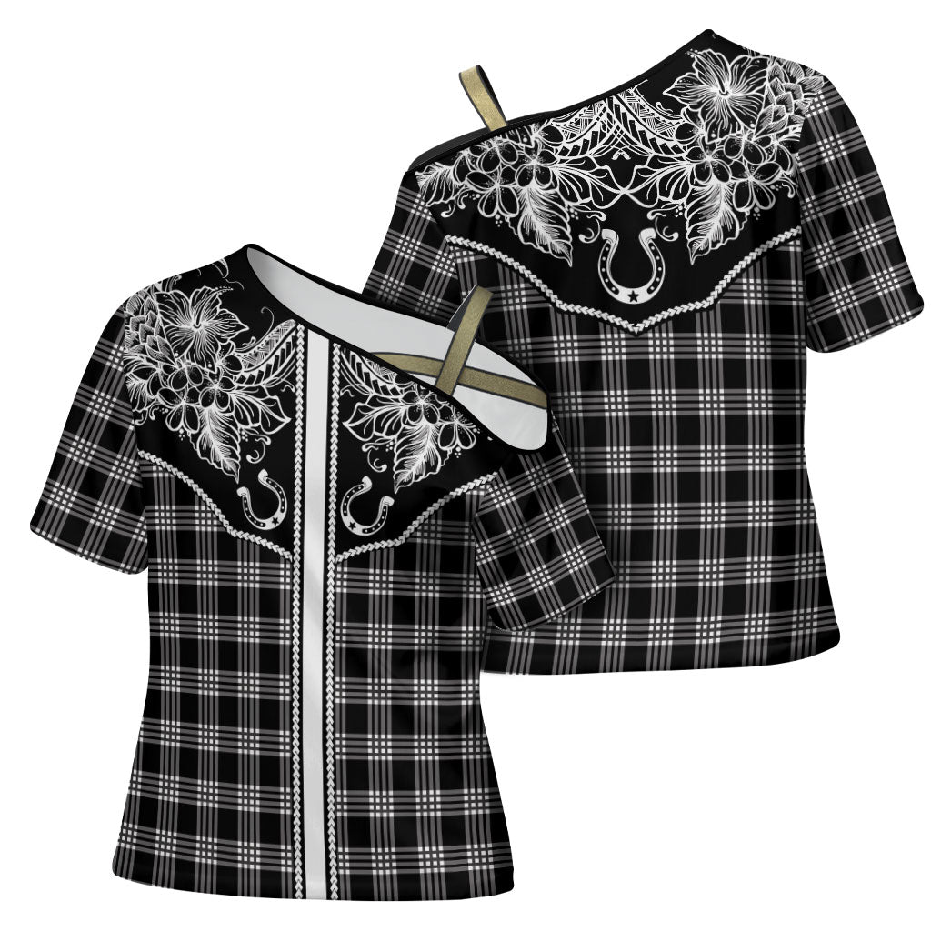 Hawai'i Paniolo Motif Black Cross Shoulder Shirt Floral Palaka Print LT7 - Polynesian Pride
