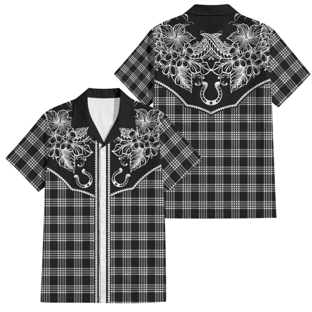 Hawai'i Paniolo Motif Black Family Matching Off The Shoulder Long Sleeve Dress and Hawaiian Shirt Floral Palaka Print LT7 Dad's Shirt - Short Sleeve Black - Polynesian Pride