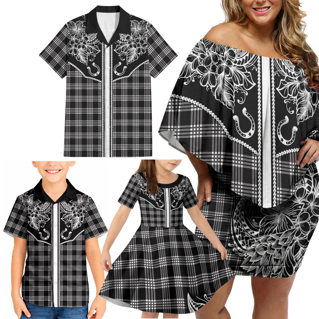 Hawai'i Paniolo Motif Black Family Matching Off Shoulder Short Dress and Hawaiian Shirt Floral Palaka Print LT7 - Polynesian Pride