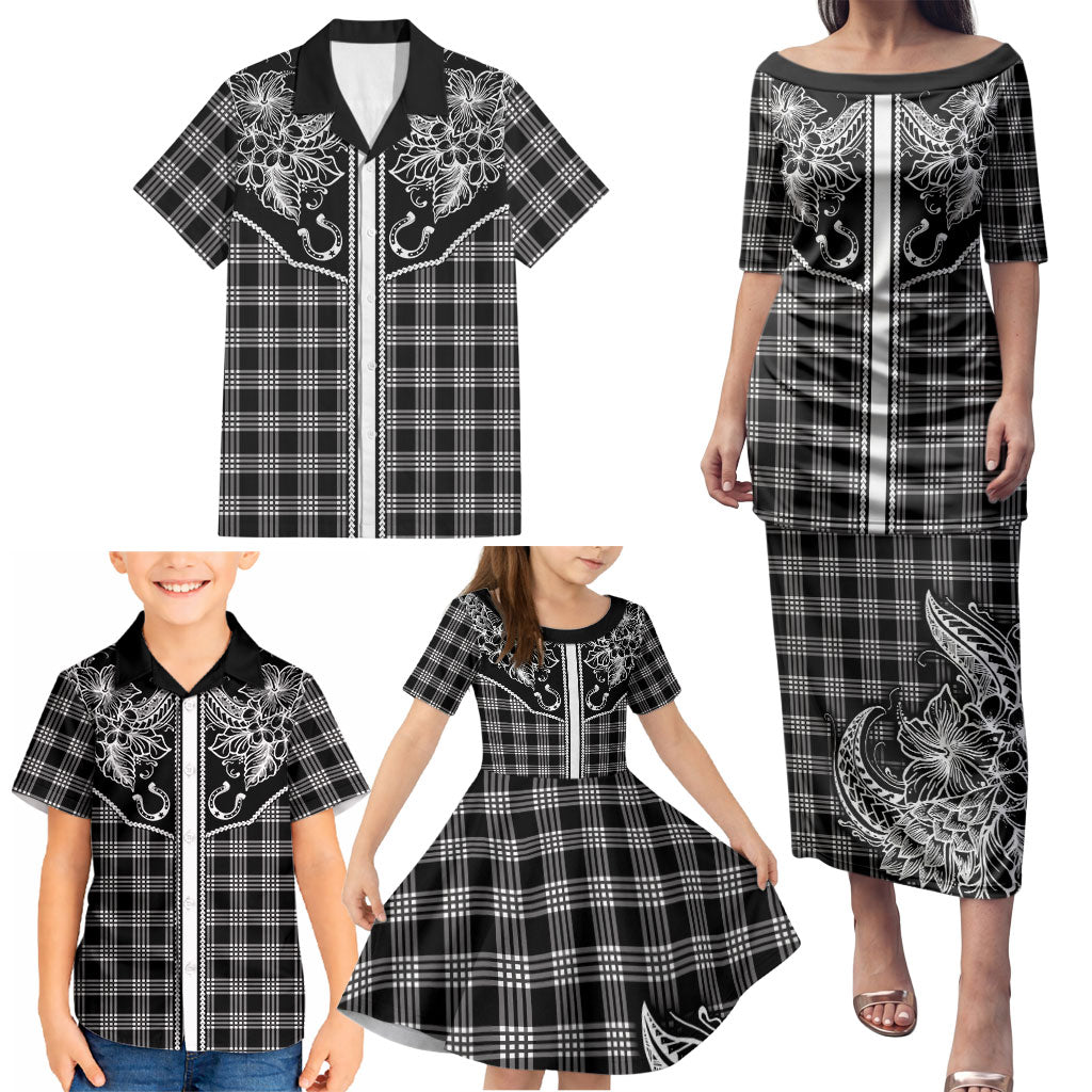 Hawai'i Paniolo Motif Black Family Matching Puletasi and Hawaiian Shirt Floral Palaka Print LT7 - Polynesian Pride