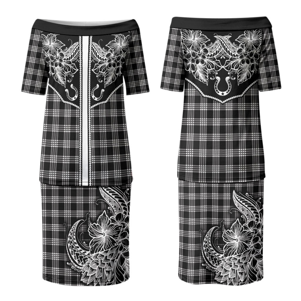 Hawai'i Paniolo Motif Black Family Matching Puletasi and Hawaiian Shirt Floral Palaka Print LT7 Mom's Dress Black - Polynesian Pride