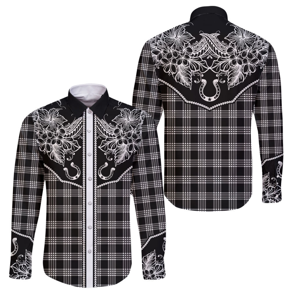 Hawai'i Paniolo Motif Black Family Matching Puletasi and Hawaiian Shirt Floral Palaka Print LT7 Dad's Shirt - Long Sleeve Black - Polynesian Pride