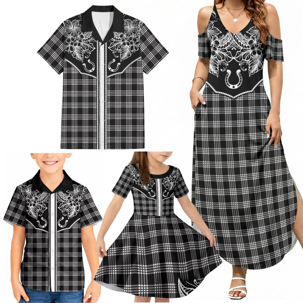 Hawai'i Paniolo Motif Black Family Matching Summer Maxi Dress and Hawaiian Shirt Floral Palaka Print LT7 - Polynesian Pride