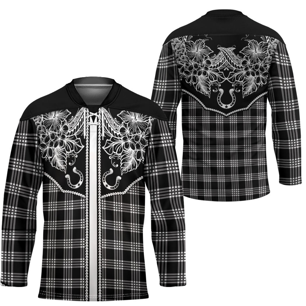 Hawai'i Paniolo Motif Black Hockey Jersey Floral Palaka Print LT7 - Polynesian Pride