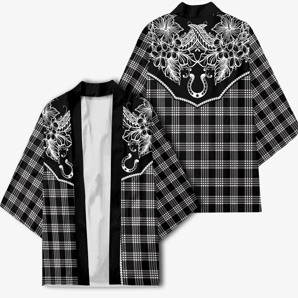 Hawai'i Paniolo Motif Black Kimono Floral Palaka Print LT7 - Polynesian Pride