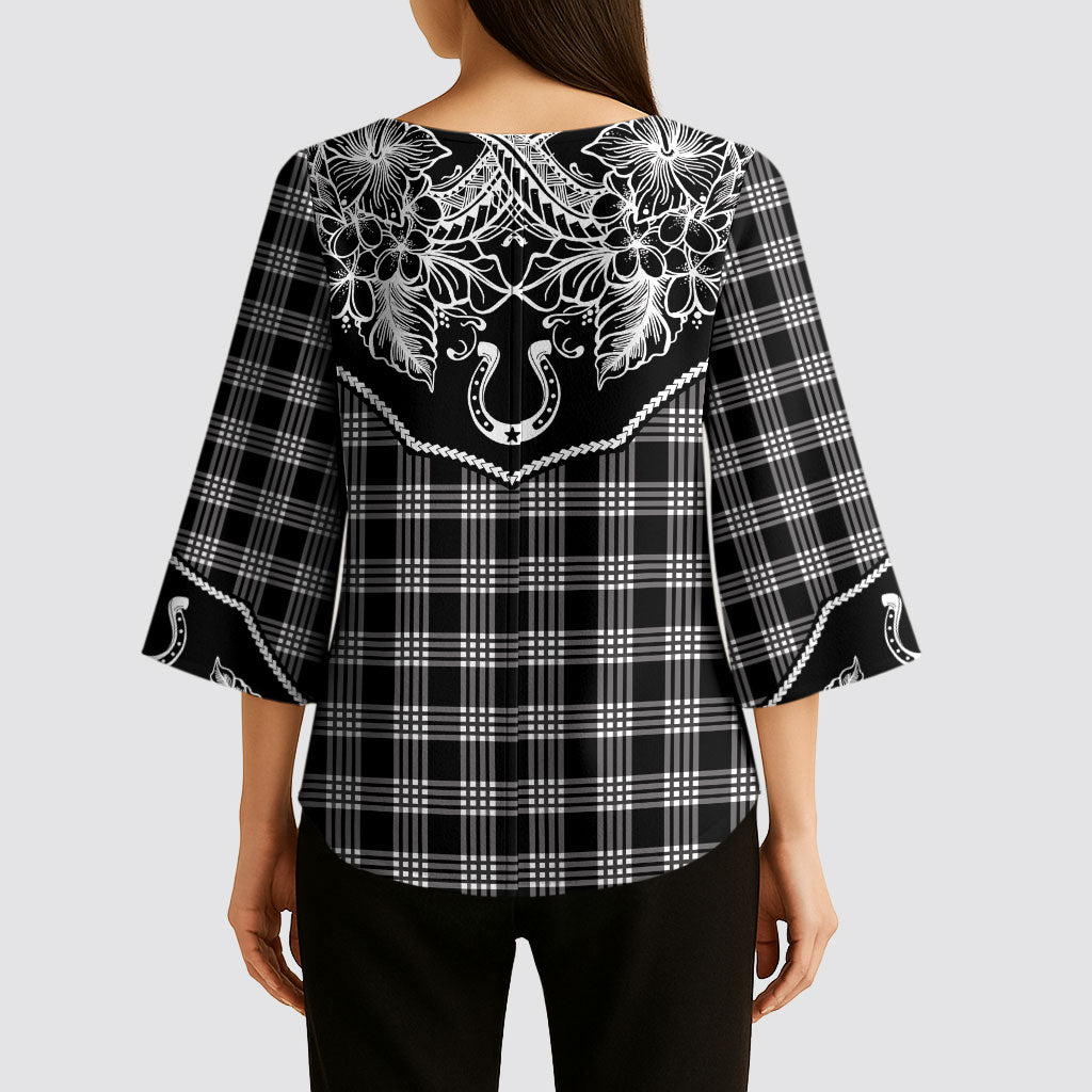Hawai'i Paniolo Motif Black Kimono Sleeve Blouse Floral Palaka Print LT7 - Polynesian Pride