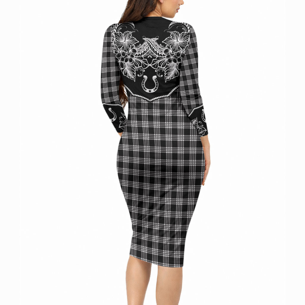 Hawai'i Paniolo Motif Black Long Sleeve Bodycon Dress Floral Palaka Print LT7 - Polynesian Pride