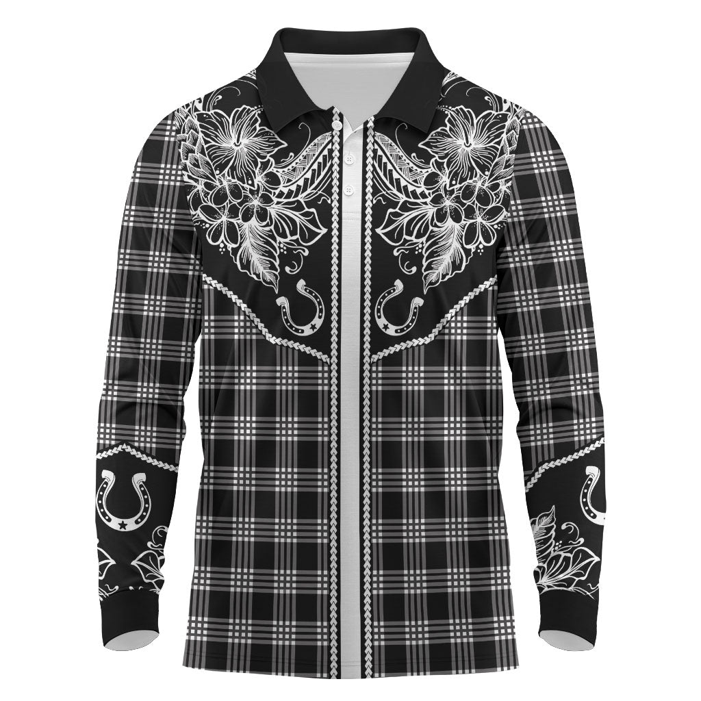 Hawai'i Paniolo Motif Black Long Sleeve Polo Shirt Floral Palaka Print LT7 Black - Polynesian Pride