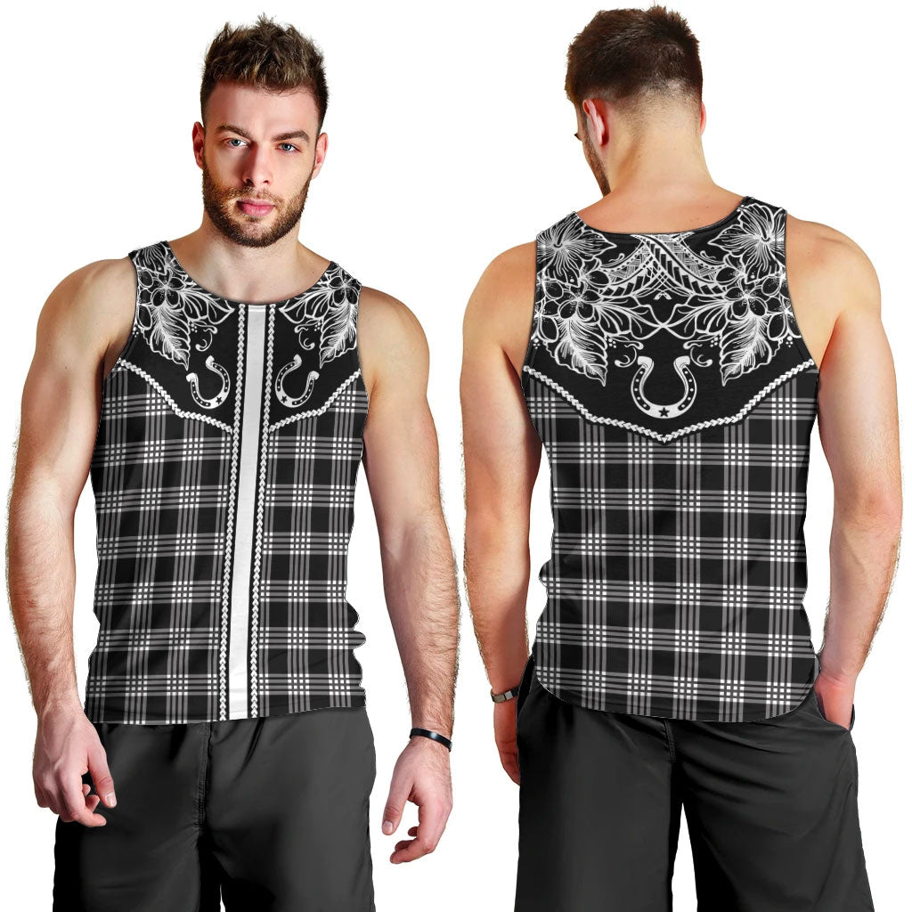 Hawai'i Paniolo Motif Black Men Tank Top Floral Palaka Print LT7 - Polynesian Pride
