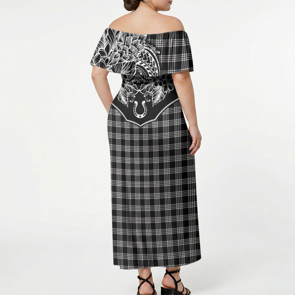 Hawai'i Paniolo Motif Black Off Shoulder Maxi Dress Floral Palaka Print LT7 - Polynesian Pride