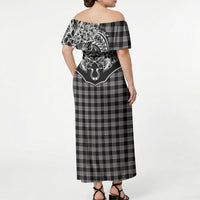 Hawai'i Paniolo Motif Black Off Shoulder Maxi Dress Floral Palaka Print LT7 - Polynesian Pride