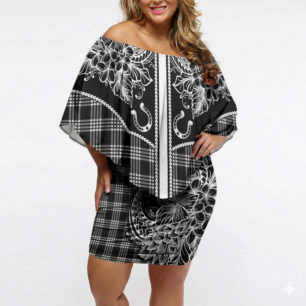 Hawai'i Paniolo Motif Black Off Shoulder Short Dress Floral Palaka Print LT7 Women Black - Polynesian Pride