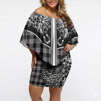 Hawai'i Paniolo Motif Black Off Shoulder Short Dress Floral Palaka Print LT7 Women Black - Polynesian Pride