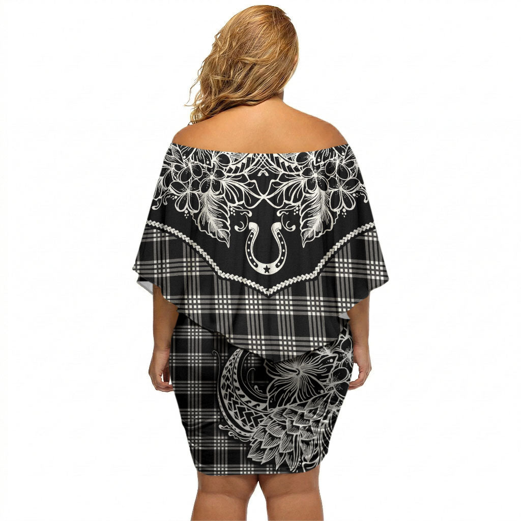Hawai'i Paniolo Motif Black Off Shoulder Short Dress Floral Palaka Print LT7 - Polynesian Pride
