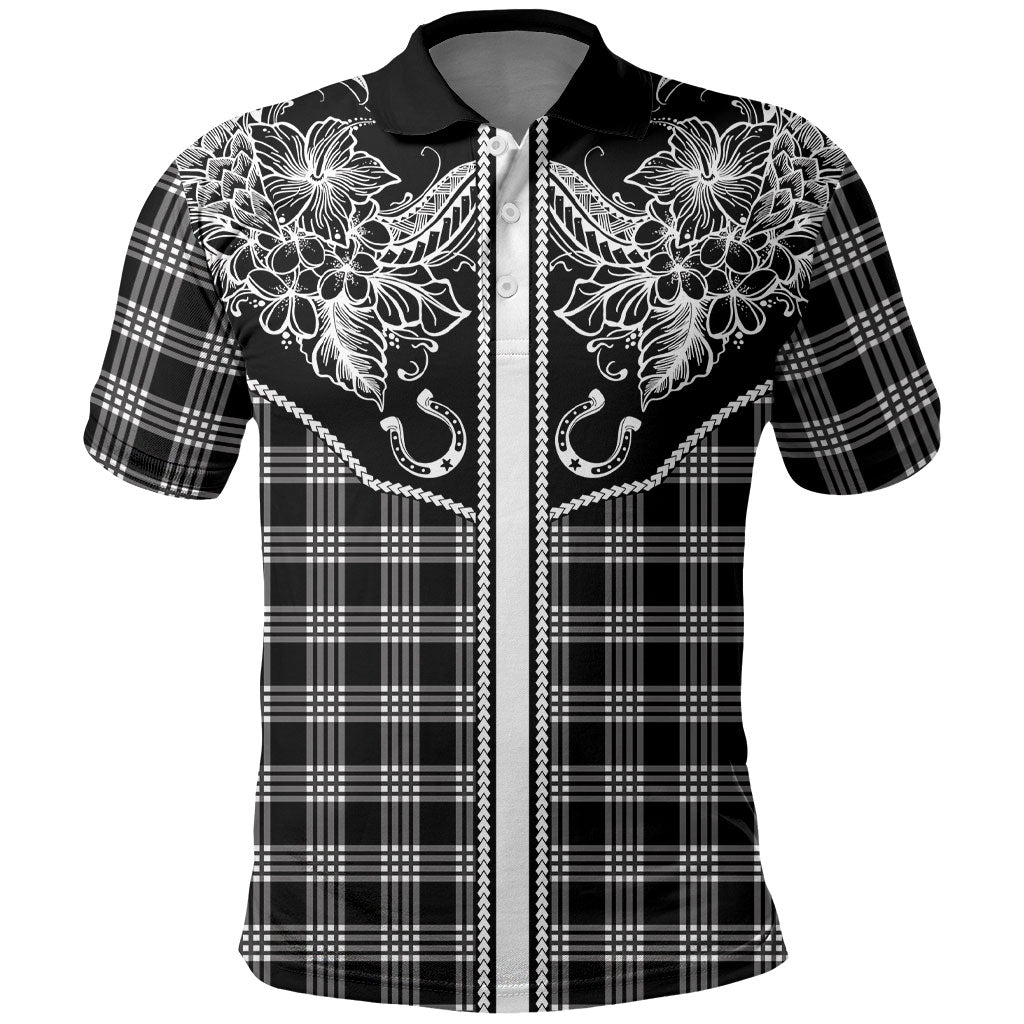 Hawai'i Paniolo Motif Black Polo Shirt Floral Palaka Print LT7 Black - Polynesian Pride
