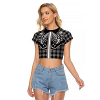 Hawai'i Paniolo Motif Black Raglan Cropped T Shirt Floral Palaka Print LT7 Female Black - Polynesian Pride