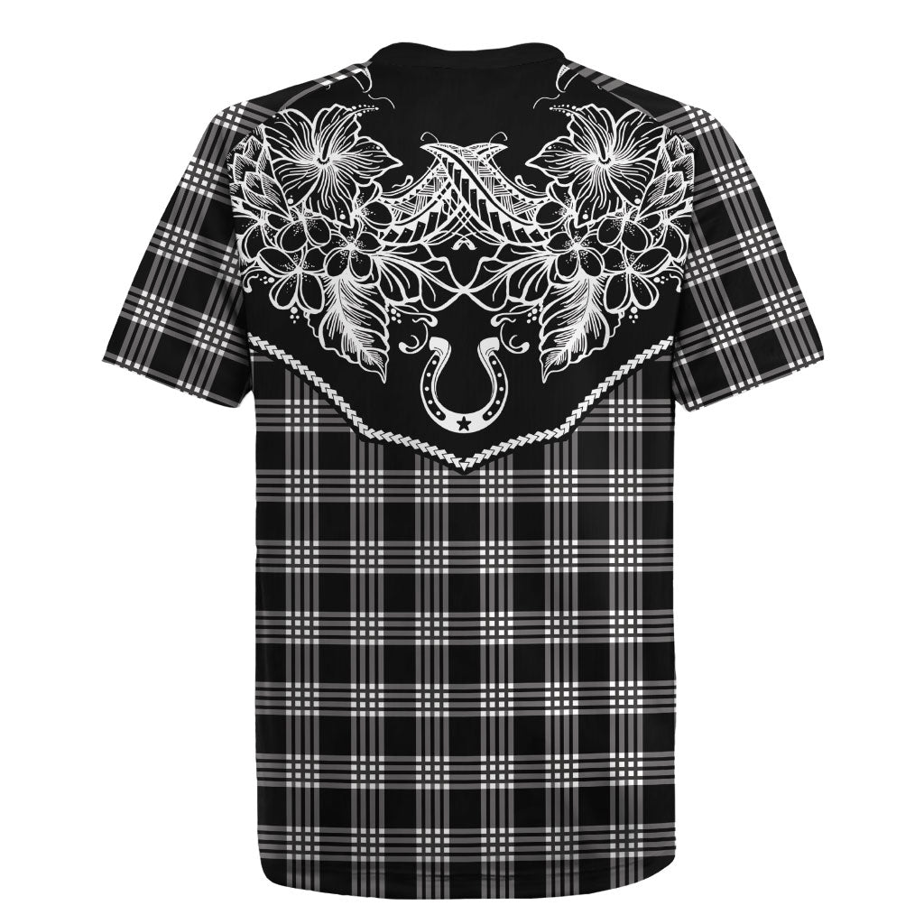 Hawai'i Paniolo Motif Black Rugby Jersey Floral Palaka Print LT7 - Polynesian Pride