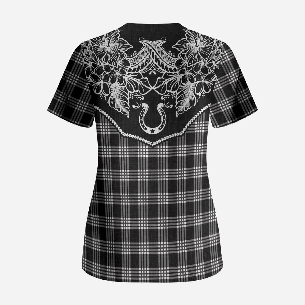 Hawai'i Paniolo Motif Black Scrub Top Floral Palaka Print LT7 - Polynesian Pride
