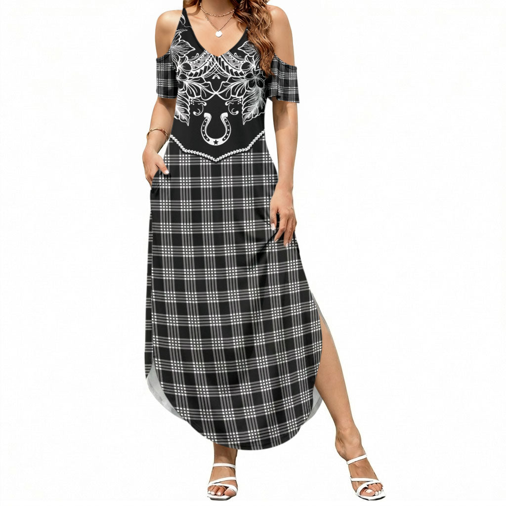 Hawai'i Paniolo Motif Black Summer Maxi Dress Floral Palaka Print LT7 Women Black - Polynesian Pride
