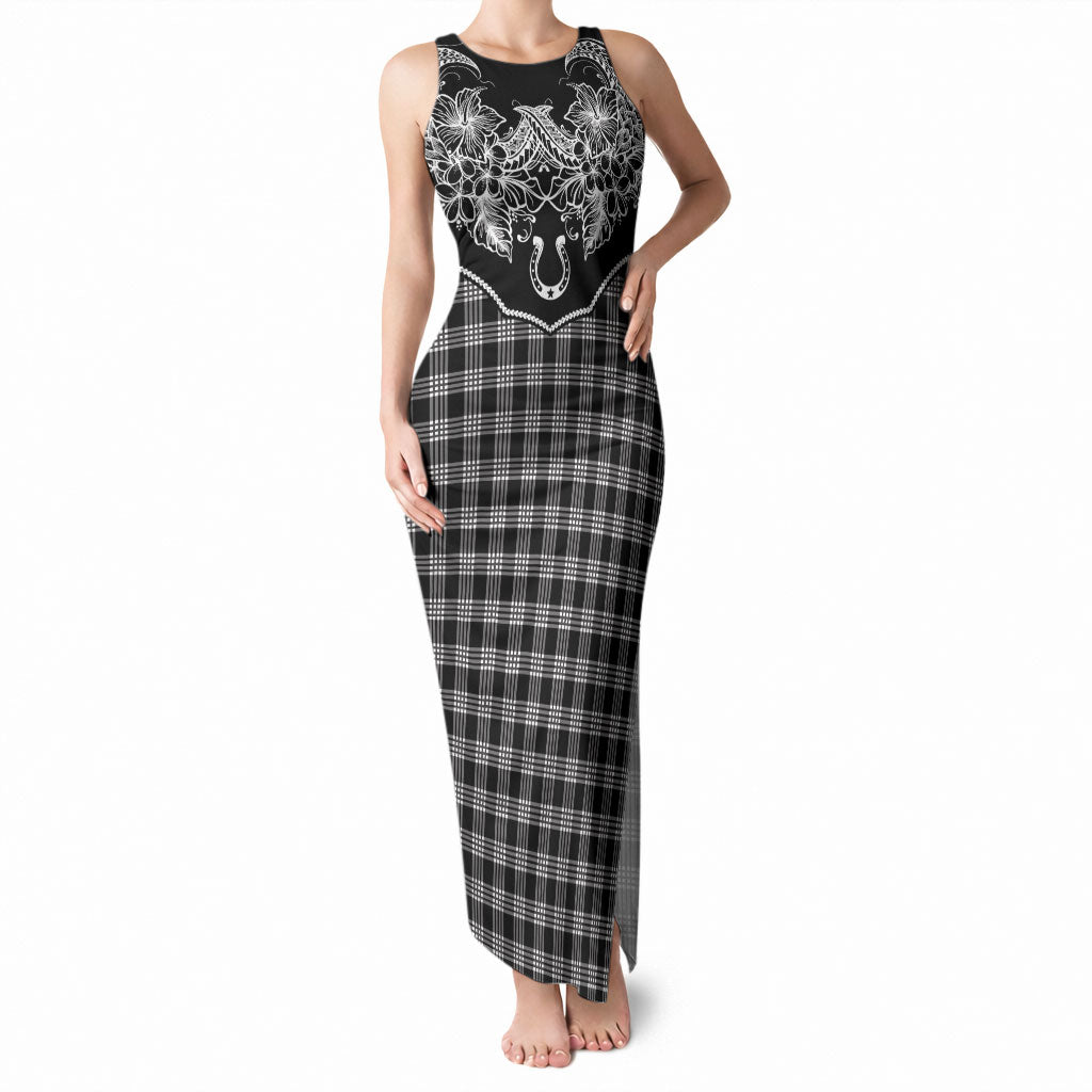 Hawai'i Paniolo Motif Black Tank Maxi Dress Floral Palaka Print LT7 Women Black - Polynesian Pride
