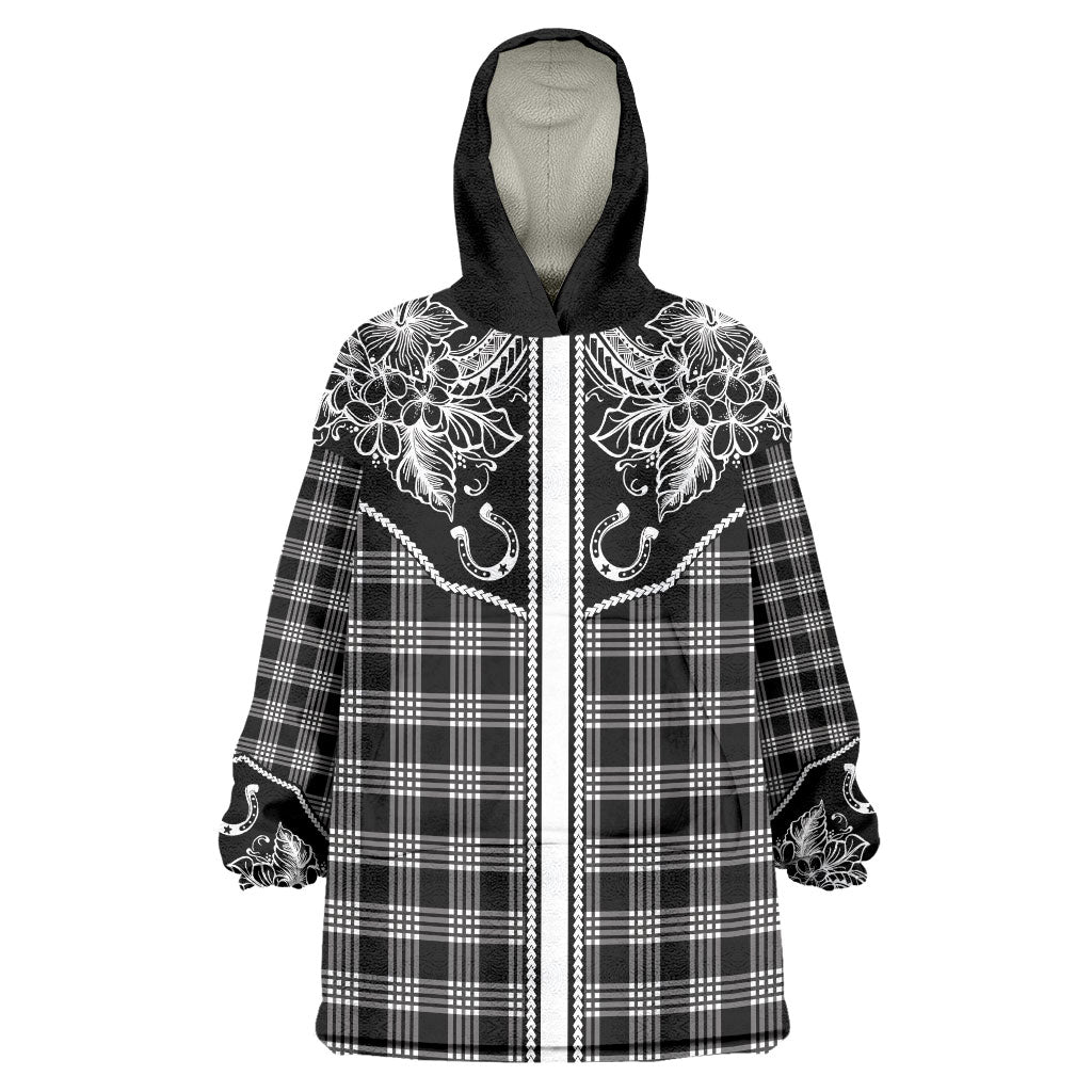 Hawai'i Paniolo Motif Black Wearable Blanket Hoodie Floral Palaka Print LT7 One Size Black - Polynesian Pride