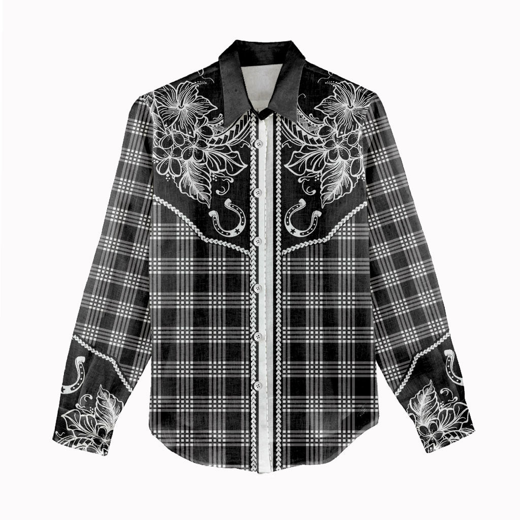 Hawai'i Paniolo Motif Black Women Casual Shirt Floral Palaka Print LT7 - Polynesian Pride