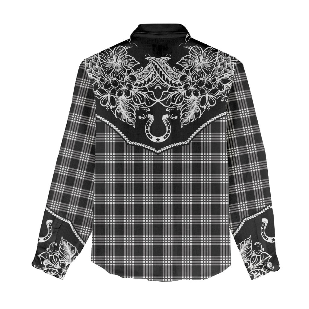 Hawai'i Paniolo Motif Black Women Casual Shirt Floral Palaka Print LT7 - Polynesian Pride