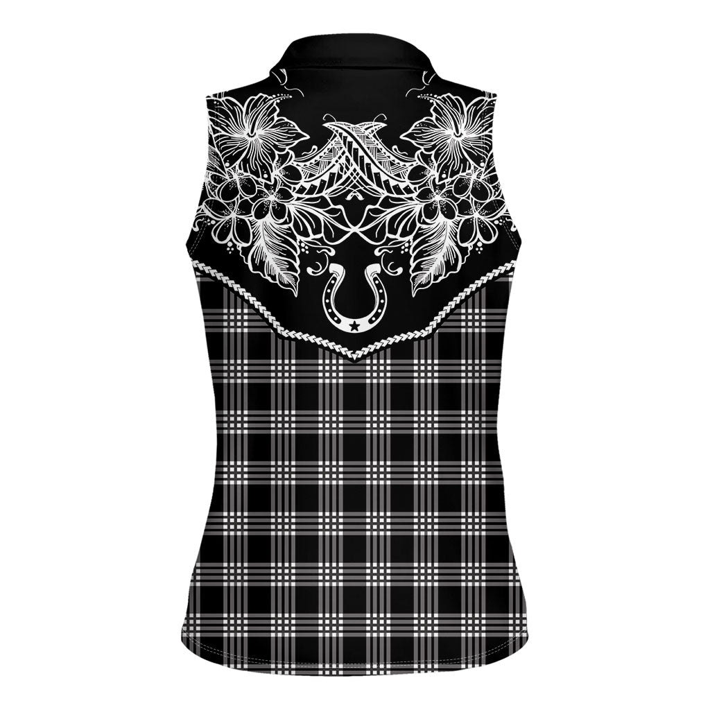 Hawai'i Paniolo Motif Black Women Sleeveless Polo Shirt Floral Palaka Print LT7 - Polynesian Pride