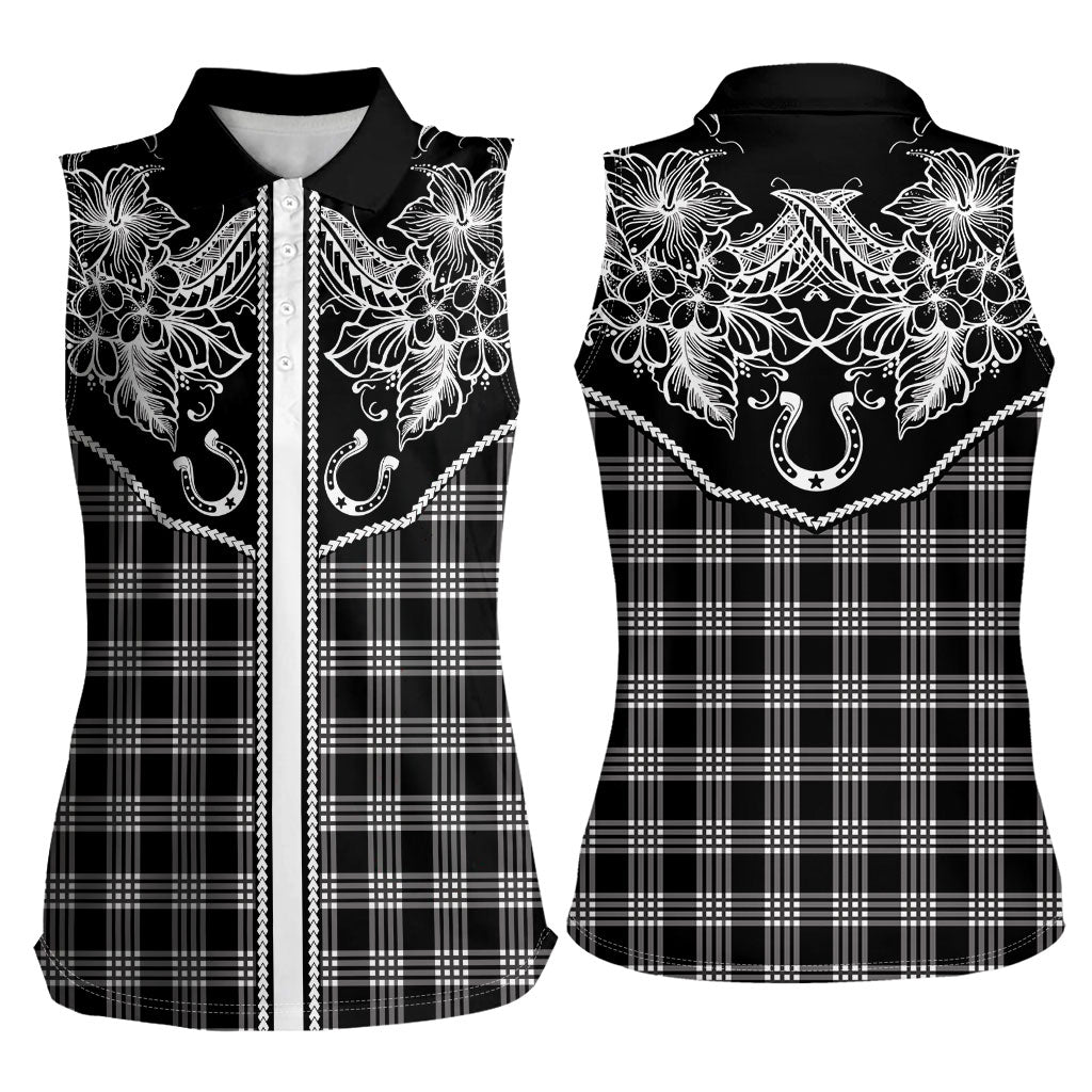 Hawai'i Paniolo Motif Black Women Sleeveless Polo Shirt Floral Palaka Print LT7 - Polynesian Pride