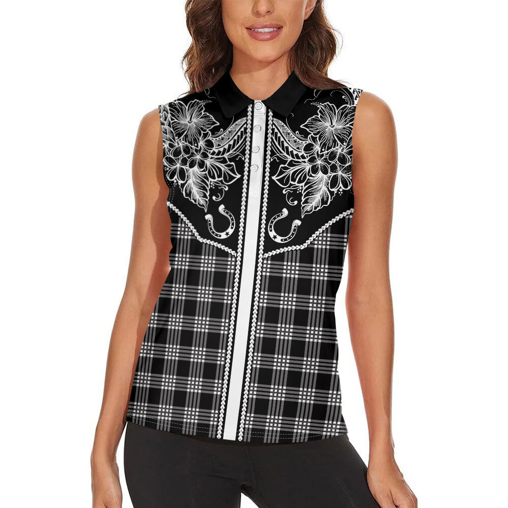 Hawai'i Paniolo Motif Black Women Sleeveless Polo Shirt Floral Palaka Print LT7 - Polynesian Pride