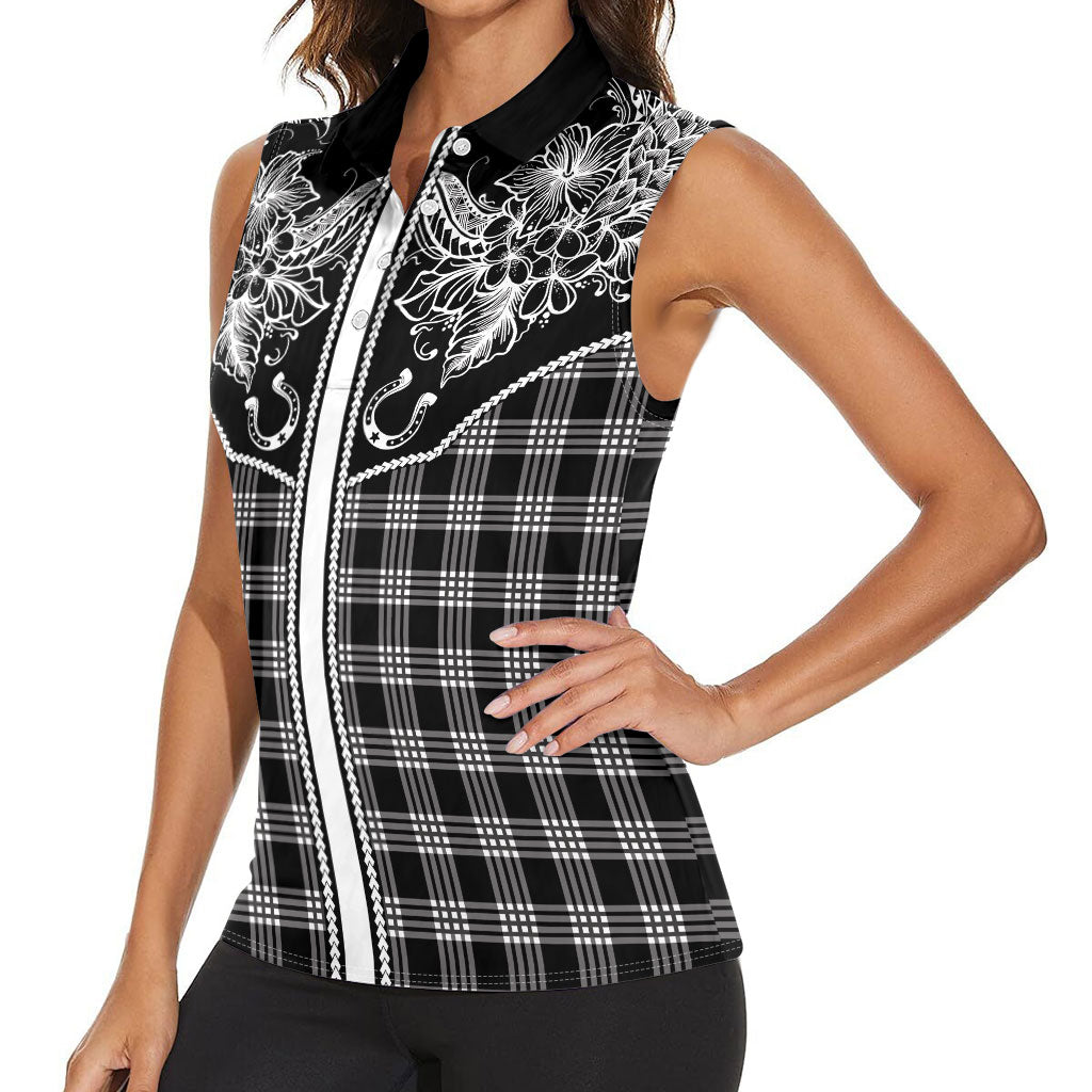 Hawai'i Paniolo Motif Black Women Sleeveless Polo Shirt Floral Palaka Print LT7 - Polynesian Pride