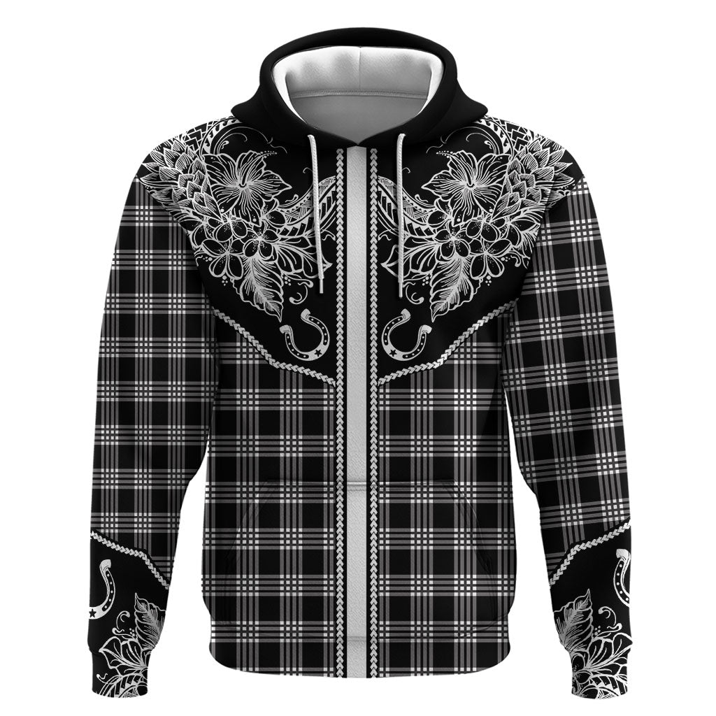 Hawai'i Paniolo Motif Black Zip Hoodie Floral Palaka Print LT7 Pullover Hoodie Black - Polynesian Pride