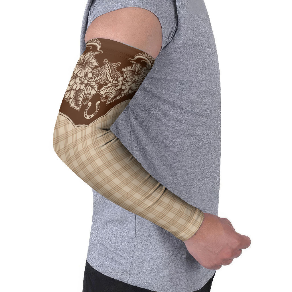 Hawai'i Paniolo Motif Leather Brown Arm Sleeves Floral Palaka Print LT7 - Polynesian Pride