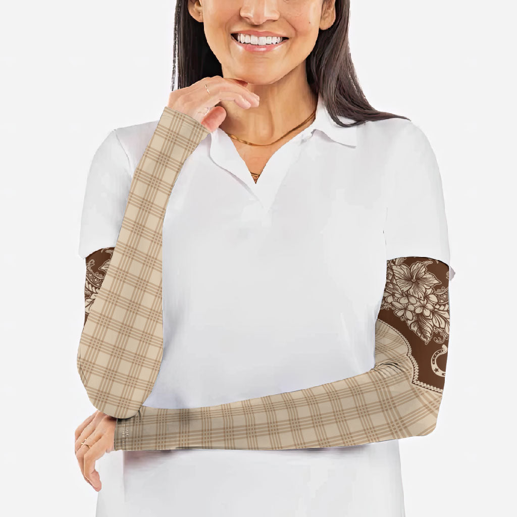 Hawai'i Paniolo Motif Leather Brown Arm Sleeves Floral Palaka Print LT7 - Polynesian Pride